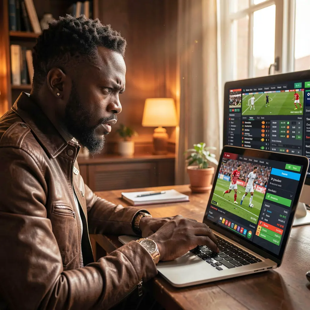Nigerian sports betting enthusiast studying live football odds and match statistics on a laptop using the CU8 betting platform