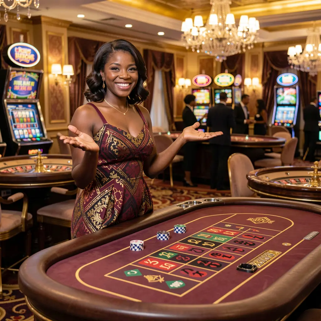 Elegant live casino dealer at a roulette table with a welcoming gesture inside the CU8 online casino platform for Nigerian players