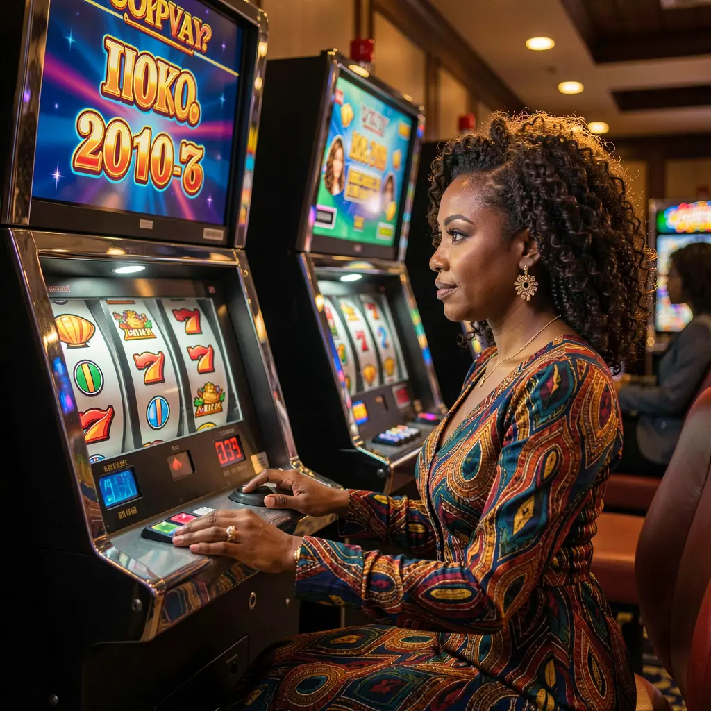 Focused Nigerian woman in traditional attire enjoying high quality slot gameplay at CU8 with detailed symbols and cinematic lighting